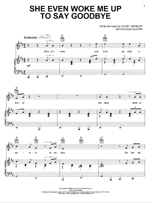 Learn to play Mickey Newbury She Even Woke Me Up To Say Goodbye sheet music for Piano, Vocal & Guitar Chords (Right-Hand Melody) in minutes. Price: 7.8900$ Mickey Newbury She Even Woke Me Up To Say Goodbye sheet music notes and chords arranged for Piano, Vocal & Guitar Chords (Right-Hand Melody)