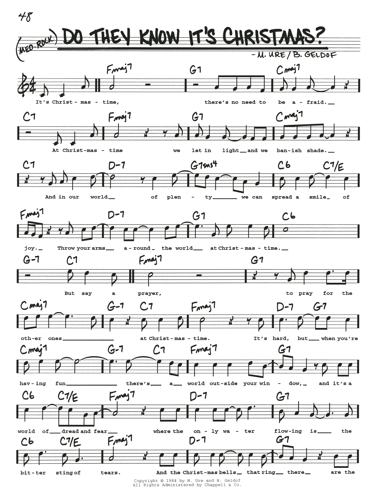 Learn to play Midge Ure Do They Know It's Christmas? (Feed The World) sheet music for Real Book – Melody, Lyrics & Chords in minutes. Price: 5.9900$ Midge Ure Do They Know It's Christmas? (Feed The World) sheet music notes and chords arranged for Real Book – Melody, Lyrics & Chords