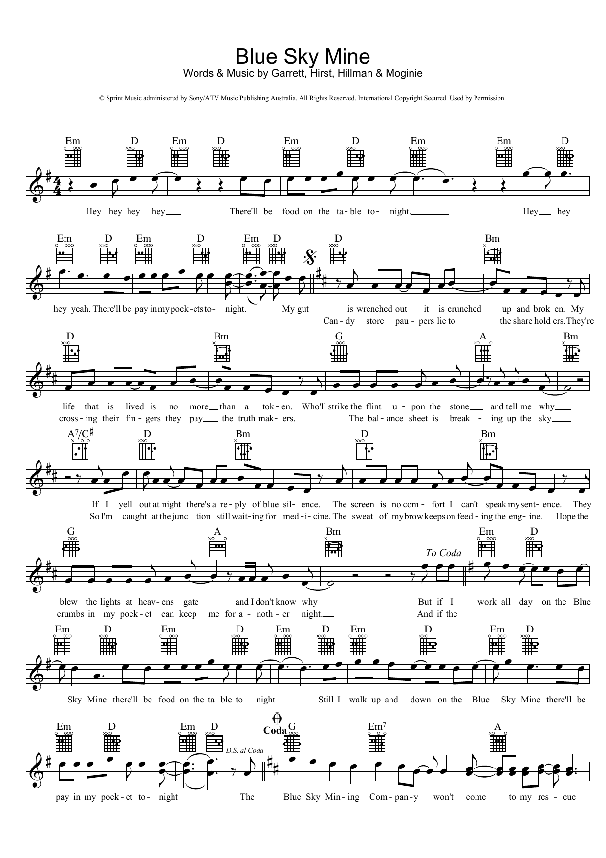 Midnight Oil Blue Sky Mine sheet music notes and chords. Download Printable PDF.