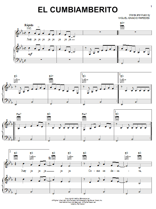 Learn to play Miguel Ignacio Paredes El Cumbiamberito sheet music for Piano, Vocal & Guitar Chords (Right-Hand Melody) in minutes. Price: 7.8900$ Miguel Ignacio Paredes El Cumbiamberito sheet music notes and chords arranged for Piano, Vocal & Guitar Chords (Right-Hand Melody)