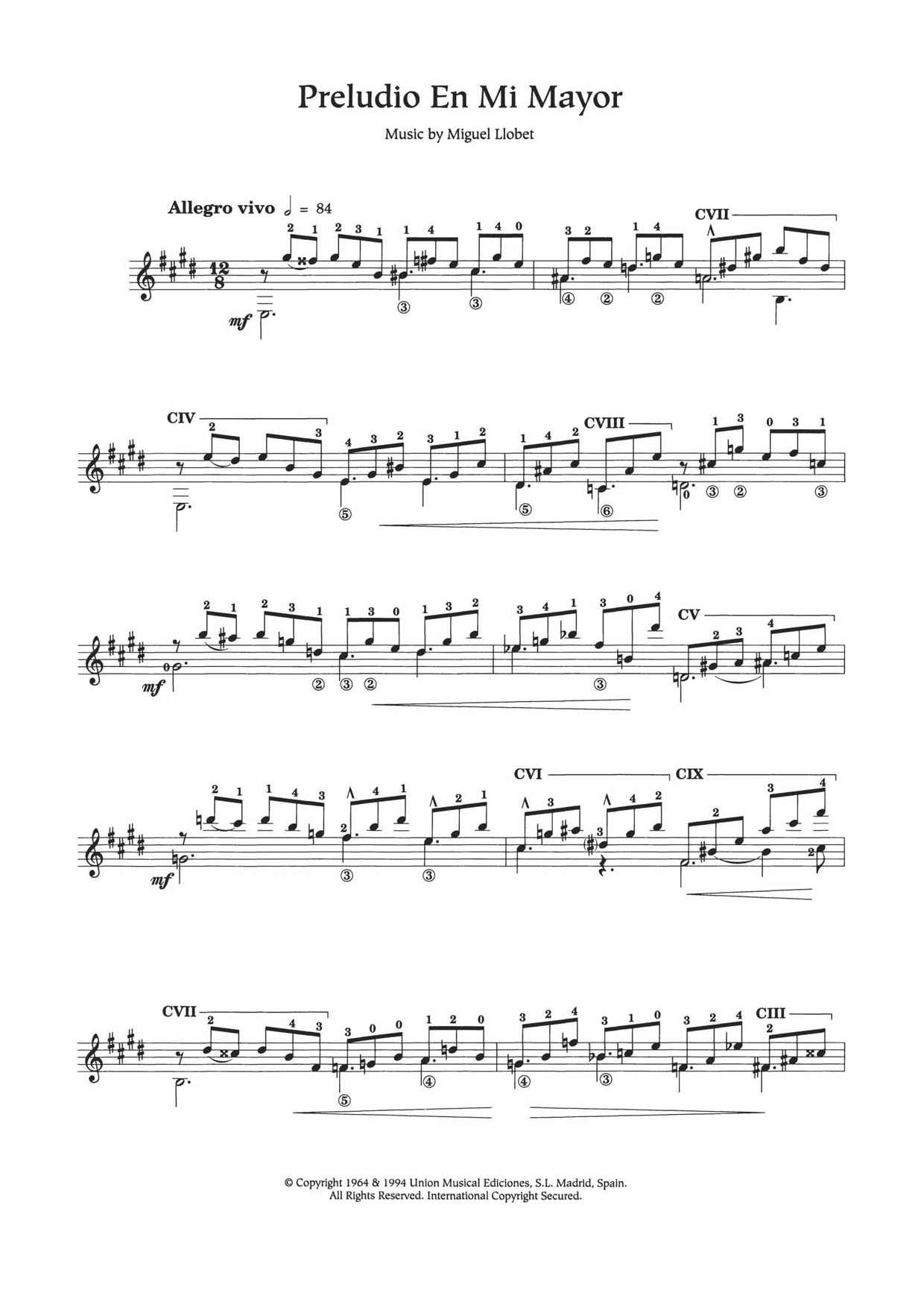 Miguel Llobet Preludio En Mi Major sheet music notes and chords. Download Printable PDF.