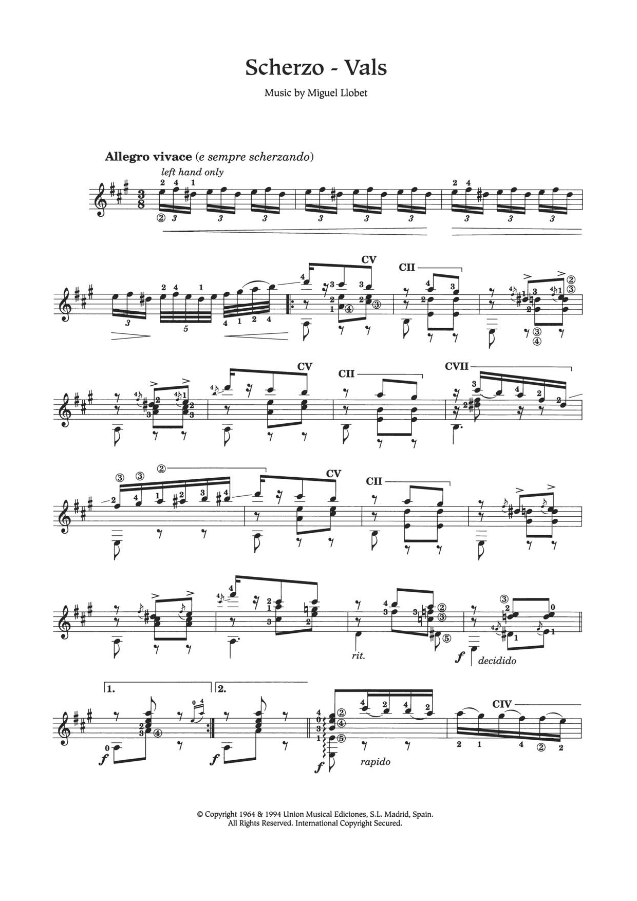 Miguel Llobet Scherzo-Vals sheet music notes and chords. Download Printable PDF.