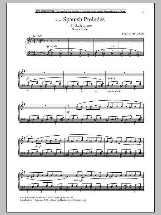 Learn to play Miguel Manzano Spanish Preludes, 11. Baile Llano (Simple Dance) sheet music for Piano Solo in minutes. Price: 7.8900$ Miguel Manzano Spanish Preludes, 11. Baile Llano (Simple Dance) sheet music notes and chords arranged for Piano Solo
