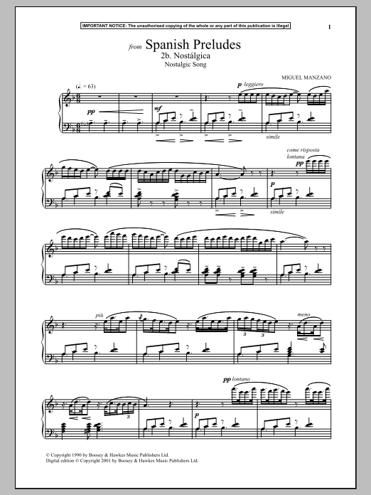 Learn to play Miguel Manzano Spanish Preludes, 2b. Nostalgica (Nostalgic Song) sheet music for Piano Solo in minutes. Price: 7.8900$ Miguel Manzano Spanish Preludes, 2b. Nostalgica (Nostalgic Song) sheet music notes and chords arranged for Piano Solo