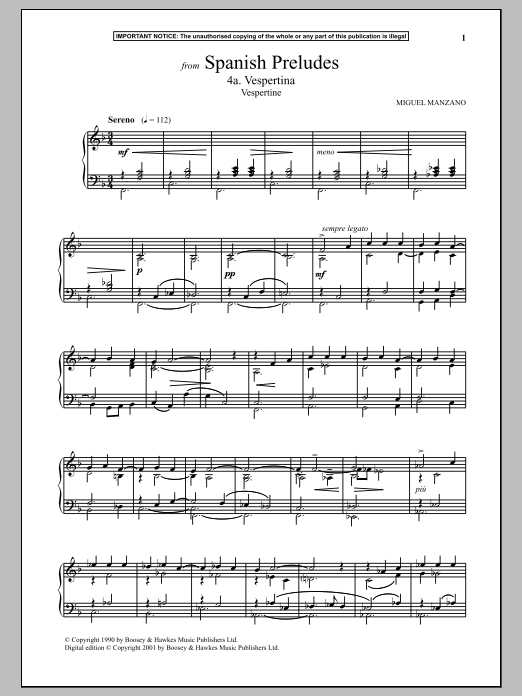 Learn to play Miguel Manzano Spanish Preludes, 4a. Vespertina (Vespertine) sheet music for Piano Solo in minutes. Price: 7.8900$ Miguel Manzano Spanish Preludes, 4a. Vespertina (Vespertine) sheet music notes and chords arranged for Piano Solo