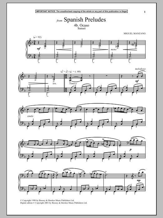 Learn to play Miguel Manzano Spanish Preludes, 4b. Ocaso (Sunset) sheet music for Piano Solo in minutes. Price: 7.8900$ Miguel Manzano Spanish Preludes, 4b. Ocaso (Sunset) sheet music notes and chords arranged for Piano Solo