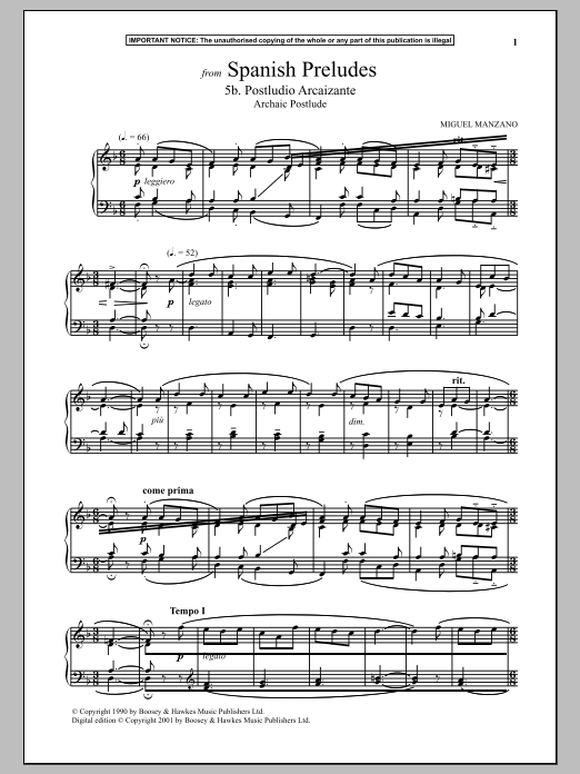 Learn to play Miguel Manzano Spanish Preludes, 5b. Postludio Arcaizante (Archaic Postlude) sheet music for Piano Solo in minutes. Price: 7.8900$ Miguel Manzano Spanish Preludes, 5b. Postludio Arcaizante (Archaic Postlude) sheet music notes and chords arranged for Piano Solo