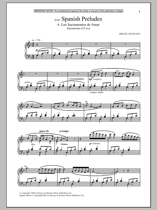 Miguel Manzano Spanish Preludes, 6. Los Sacramentos De Amor (Sacraments Of Love) sheet music notes and chords arranged for Piano Solo