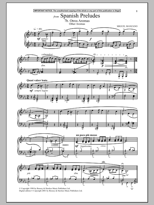 Learn to play Miguel Manzano Spanish Preludes, 7b. Otros Aromas (Other Aromas) sheet music for Piano Solo in minutes. Price: 7.8900$ Miguel Manzano Spanish Preludes, 7b. Otros Aromas (Other Aromas) sheet music notes and chords arranged for Piano Solo