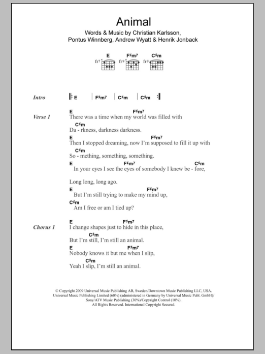 Miike Snow Animal sheet music notes and chords arranged for Guitar Chords/Lyrics