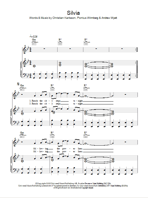 Miike Snow Silvia sheet music notes and chords arranged for Piano, Vocal & Guitar Chords