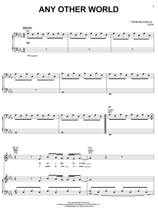 Mika Any Other World sheet music notes and chords arranged for Piano, Vocal & Guitar Chords (Right-Hand Melody)