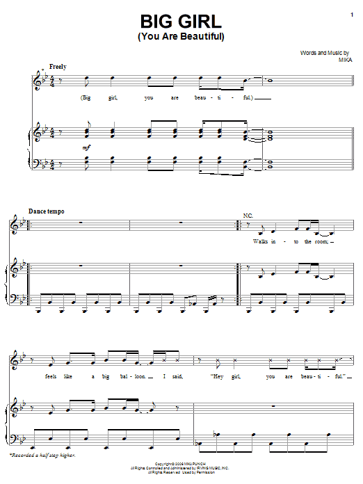 Learn to play Mika Big Girl (You Are Beautiful) sheet music for Piano, Vocal & Guitar Chords (Right-Hand Melody) in minutes. Price: 7.8900$ Mika Big Girl (You Are Beautiful) sheet music notes and chords arranged for Piano, Vocal & Guitar Chords (Right-Hand Melody)