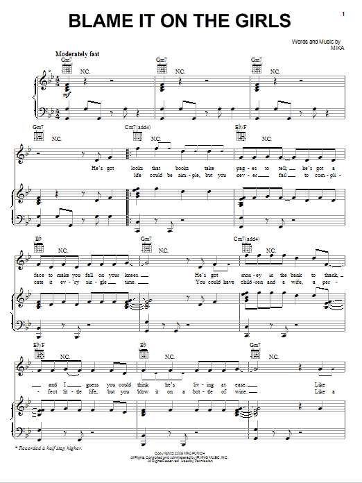 Learn to play Mika Blame It On The Girls sheet music for Piano, Vocal & Guitar Chords (Right-Hand Melody) in minutes. Price: 7.8900$ Mika Blame It On The Girls sheet music notes and chords arranged for Piano, Vocal & Guitar Chords (Right-Hand Melody)