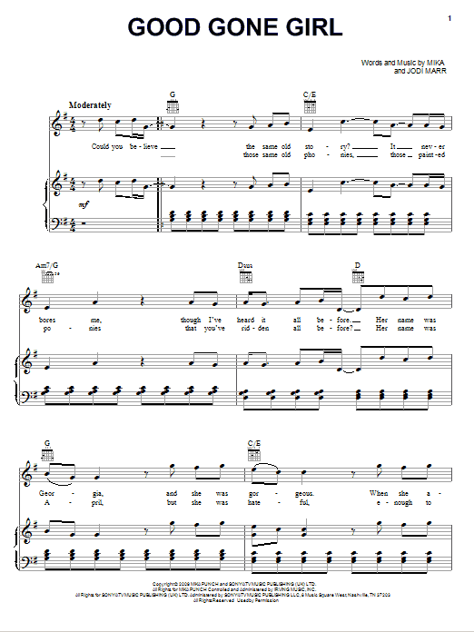 Learn to play Mika Good Gone Girl sheet music for Piano, Vocal & Guitar Chords (Right-Hand Melody) in minutes. Price: 7.8900$ Mika Good Gone Girl sheet music notes and chords arranged for Piano, Vocal & Guitar Chords (Right-Hand Melody)