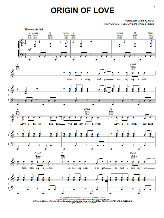 Learn to play Mika Origin Of Love sheet music for Piano, Vocal & Guitar Chords (Right-Hand Melody) in minutes. Price: 7.8900$ Mika Origin Of Love sheet music notes and chords arranged for Piano, Vocal & Guitar Chords (Right-Hand Melody)