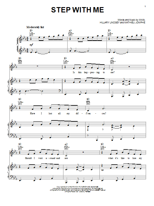 Learn to play Mika Step With Me sheet music for Piano, Vocal & Guitar Chords (Right-Hand Melody) in minutes. Price: 7.8900$ Mika Step With Me sheet music notes and chords arranged for Piano, Vocal & Guitar Chords (Right-Hand Melody)