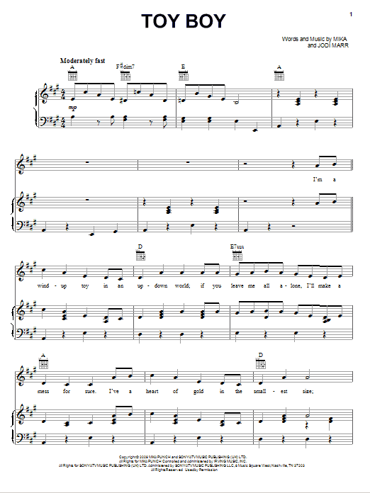 Learn to play Mika Toy Boy sheet music for Piano, Vocal & Guitar Chords (Right-Hand Melody) in minutes. Price: 7.8900$ Mika Toy Boy sheet music notes and chords arranged for Piano, Vocal & Guitar Chords (Right-Hand Melody)