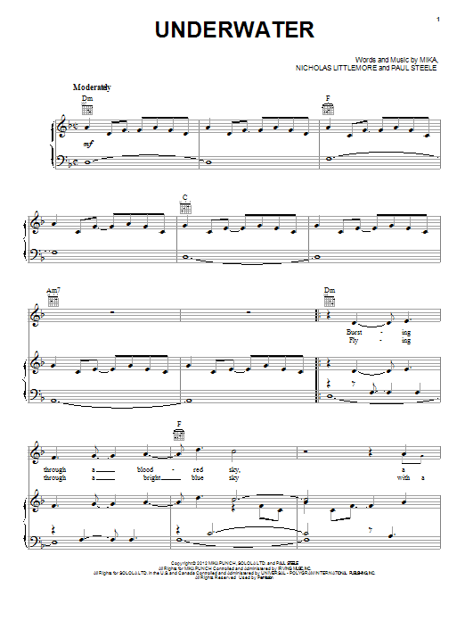 Learn to play Mika Underwater sheet music for Piano, Vocal & Guitar Chords (Right-Hand Melody) in minutes. Price: 7.8900$ Mika Underwater sheet music notes and chords arranged for Piano, Vocal & Guitar Chords (Right-Hand Melody)