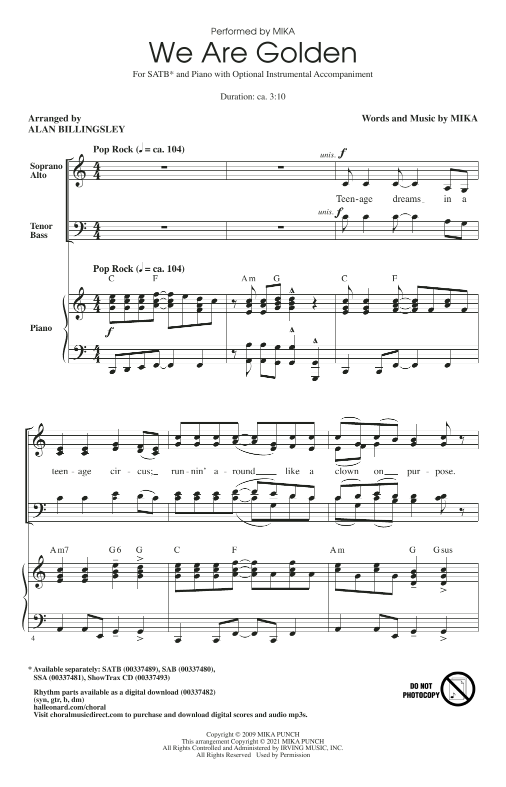 Mika We Are Golden (arr. Alan Billingsley) sheet music notes and chords. Download Printable PDF.