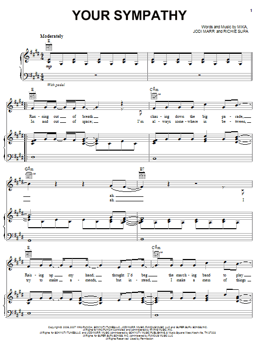 Learn to play Mika Your Sympathy sheet music for Piano, Vocal & Guitar Chords (Right-Hand Melody) in minutes. Price: 7.8900$ Mika Your Sympathy sheet music notes and chords arranged for Piano, Vocal & Guitar Chords (Right-Hand Melody)