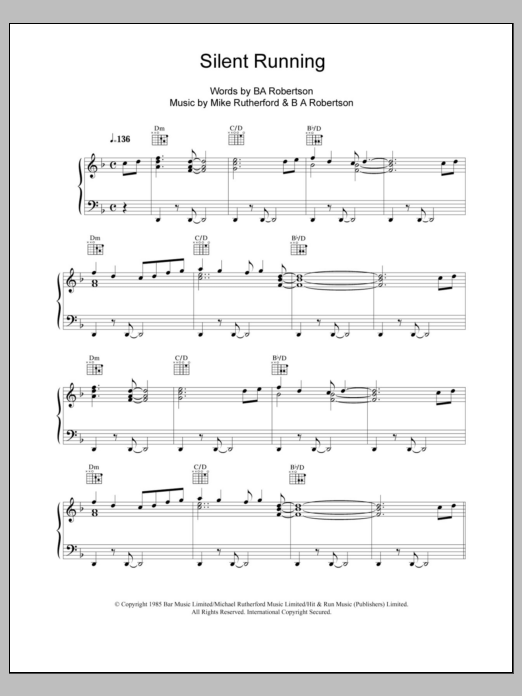 Mike and The Mechanics Silent Running sheet music notes and chords. Download Printable PDF.