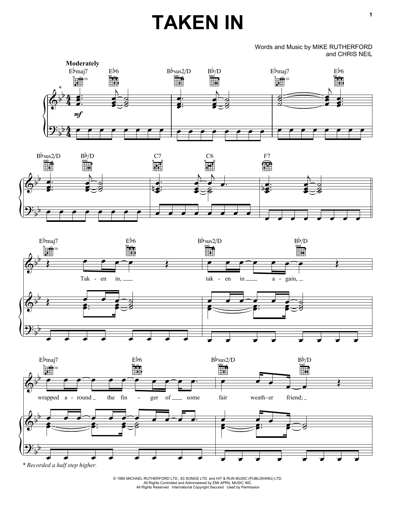 Mike + The Mechanics Taken In sheet music notes and chords. Download Printable PDF.