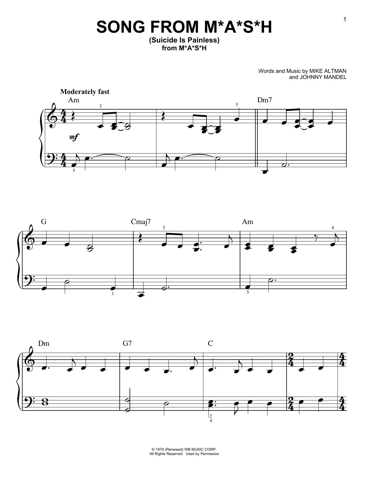 Mike Altman and Johnny Mandel Song From M*A*S*H (Suicide Is Painless) sheet music notes and chords. Download Printable PDF.