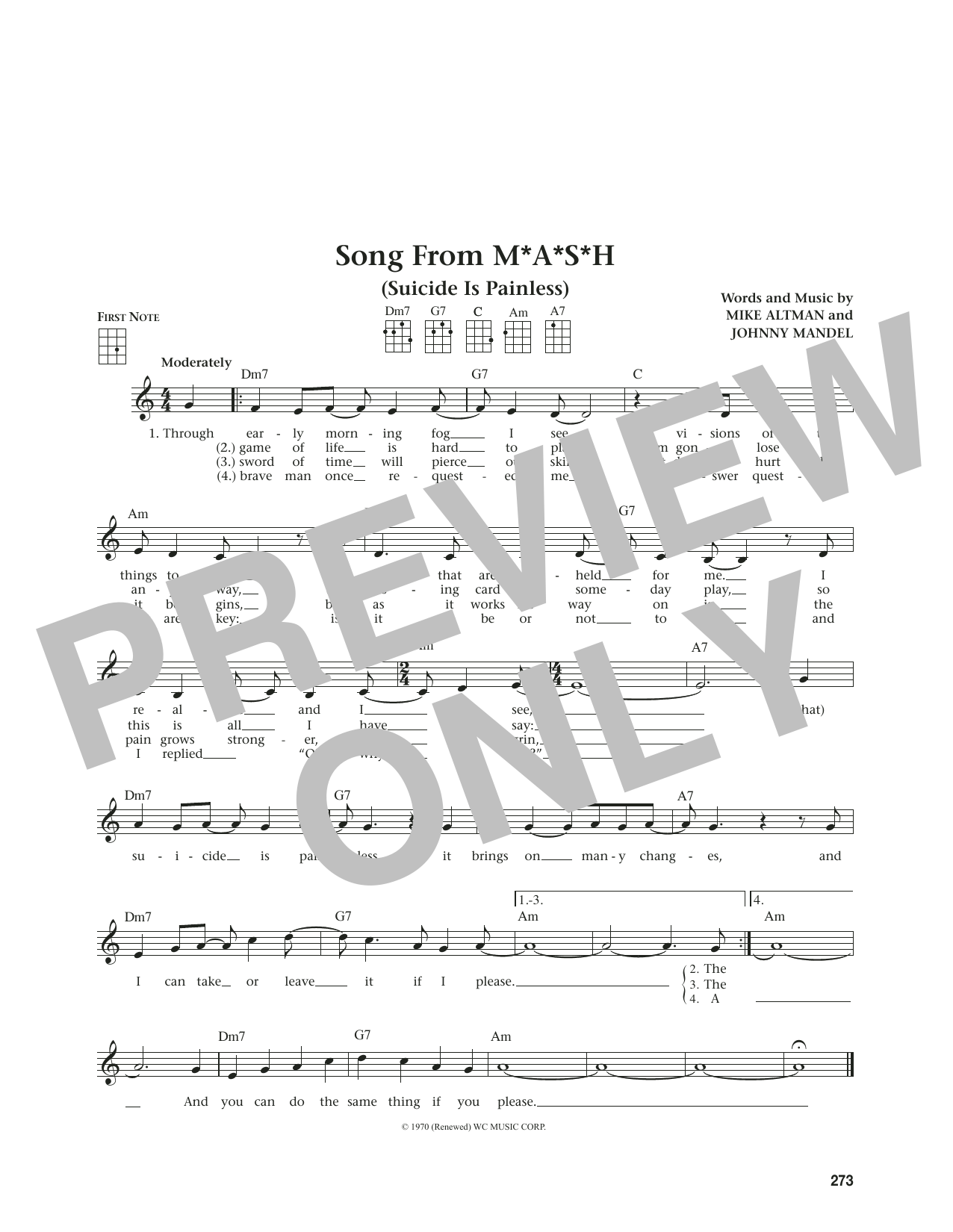 Mike Altman Song From M*A*S*H (Suicide Is Painless) (from The Daily Ukulele) (arr. Jim Beloff) sheet music notes and chords. Download Printable PDF.