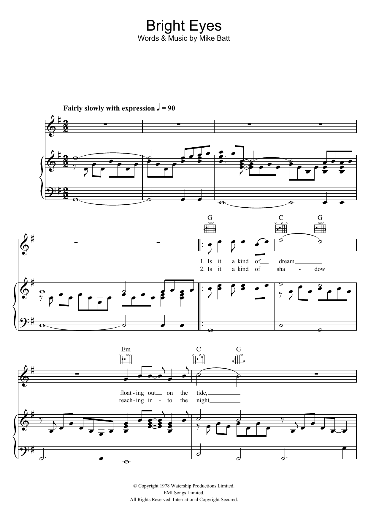 Mike Batt Bright Eyes sheet music notes and chords. Download Printable PDF.