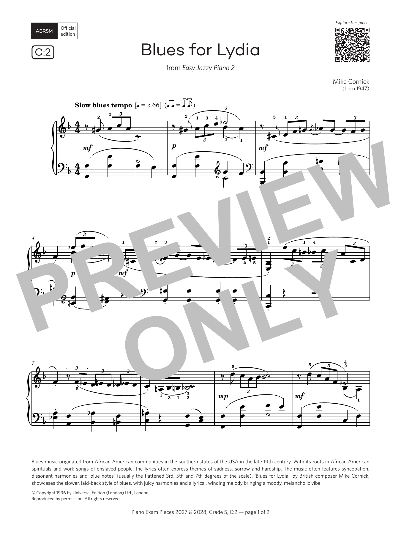 Mike Cornick Blues for Lydia (Grade 5, list C2, from the ABRSM Piano Syllabus 2027 & 2028) sheet music notes and chords arranged for Piano Solo