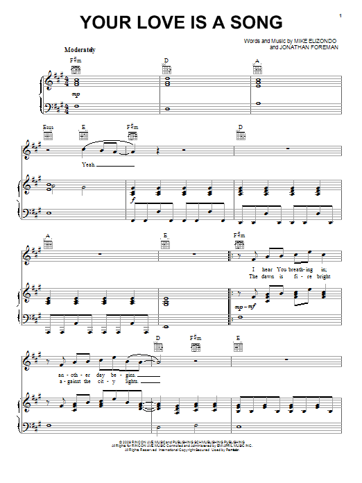 Learn to play Mike Elizondo Your Love Is A Song sheet music for Piano, Vocal & Guitar Chords (Right-Hand Melody) in minutes. Price: 7.8900$ Mike Elizondo Your Love Is A Song sheet music notes and chords arranged for Piano, Vocal & Guitar Chords (Right-Hand Melody)
