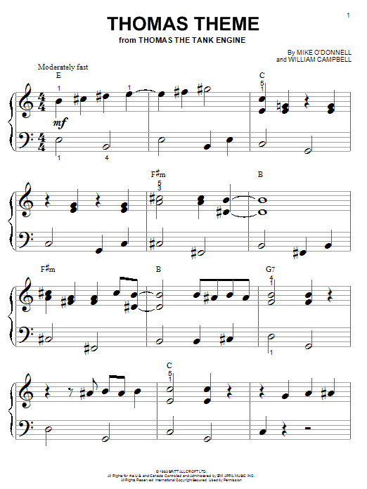 Mike O'Donnell Thomas The Tank Engine sheet music notes and chords arranged for Big Note Piano