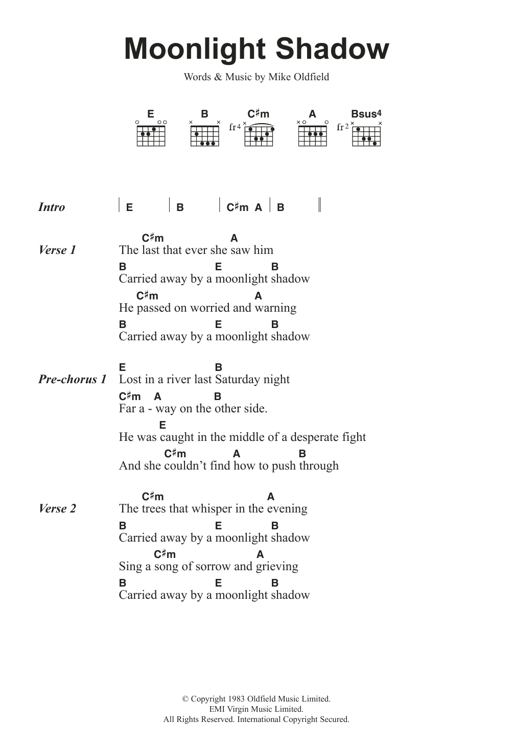 Mike Oldfield Moonlight Shadow sheet music notes and chords. Download Printable PDF.