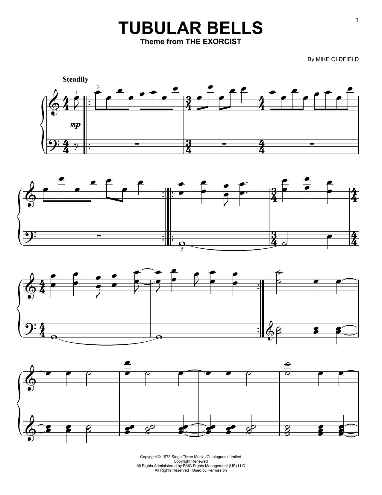 Mike Oldfield Tubular Bells (from The Excorcist) sheet music notes and chords. Download Printable PDF.