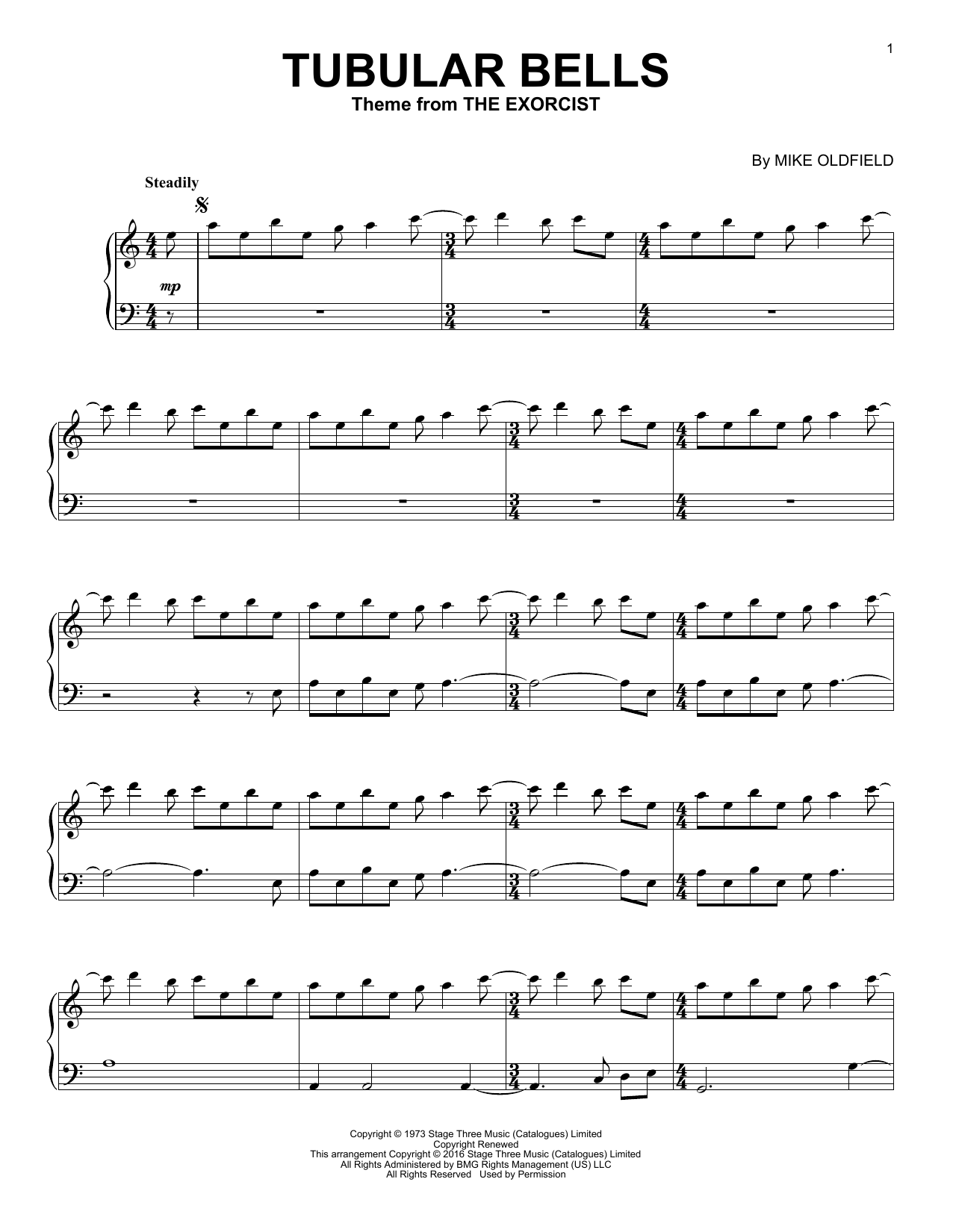 Mike Oldfield Tubular Bells sheet music notes and chords. Download Printable PDF.