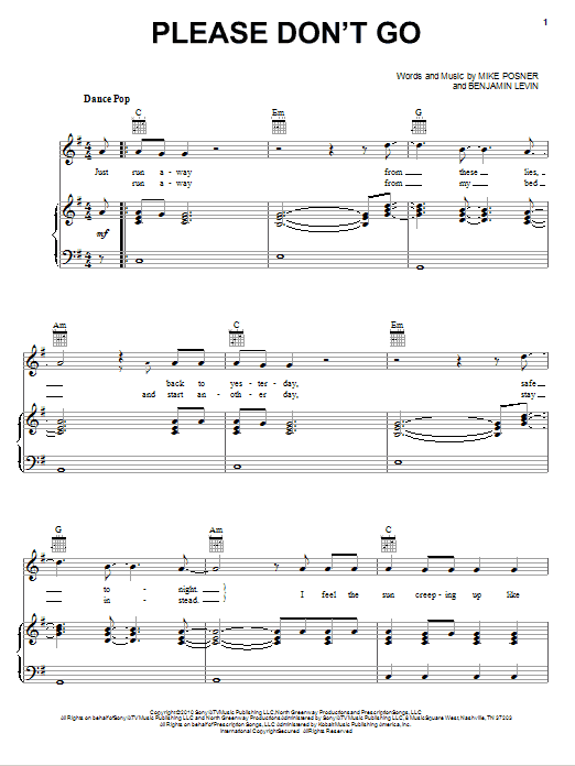 Learn to play Mike Posner Please Don't Go sheet music for Piano, Vocal & Guitar Chords (Right-Hand Melody) in minutes. Price: 7.8900$ Mike Posner Please Don't Go sheet music notes and chords arranged for Piano, Vocal & Guitar Chords (Right-Hand Melody)