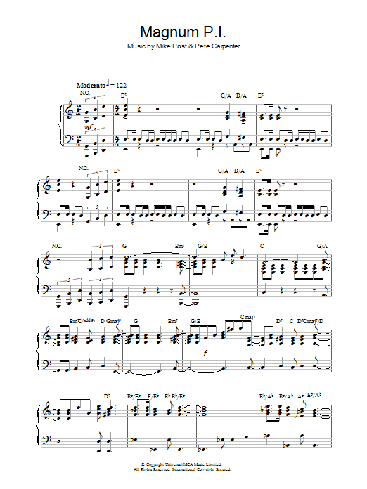 Learn to play Mike Post Magnum P.I. sheet music for Piano Solo in minutes. Price: 7.8900$ Mike Post Magnum P.I. sheet music notes and chords arranged for Piano Solo