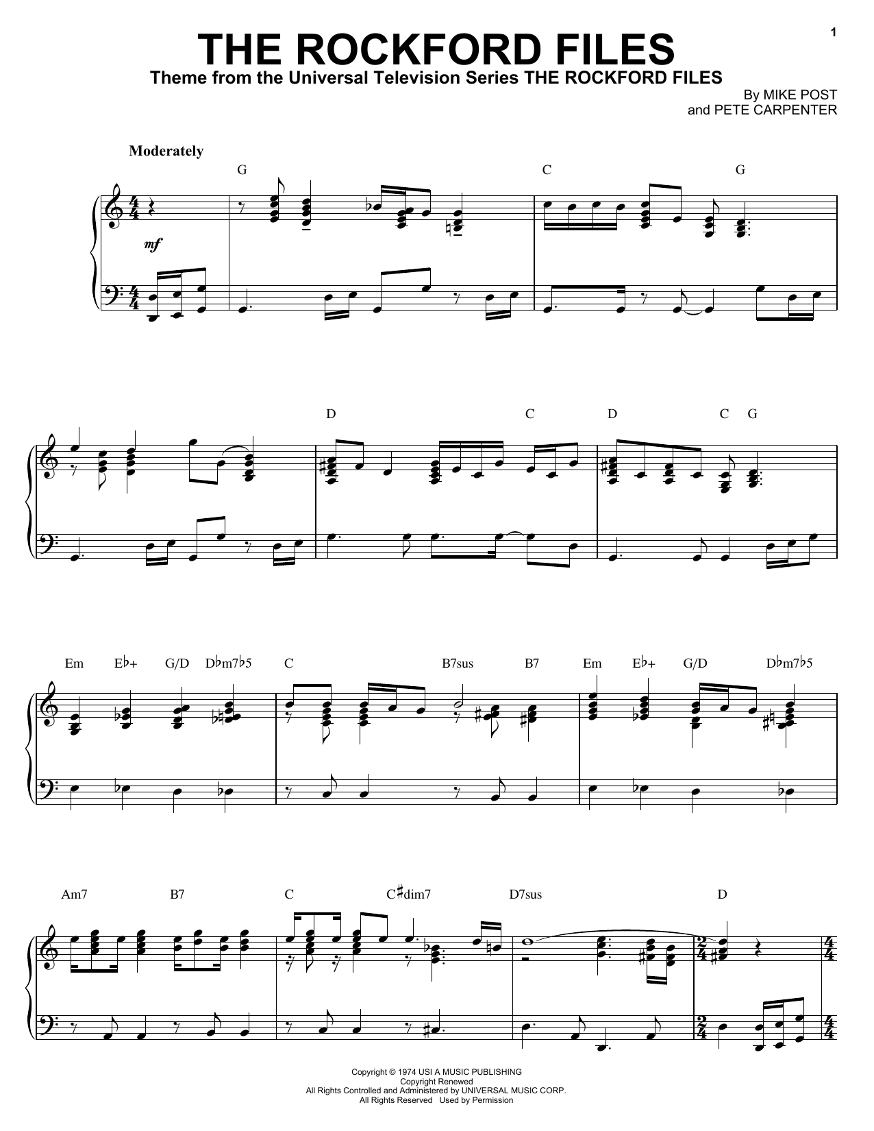 Learn to play Mike Post The Rockford Files sheet music for Piano, Vocal & Guitar Chords (Right-Hand Melody) in minutes. Price: 7.8900$ Mike Post The Rockford Files sheet music notes and chords arranged for Piano, Vocal & Guitar Chords (Right-Hand Melody)