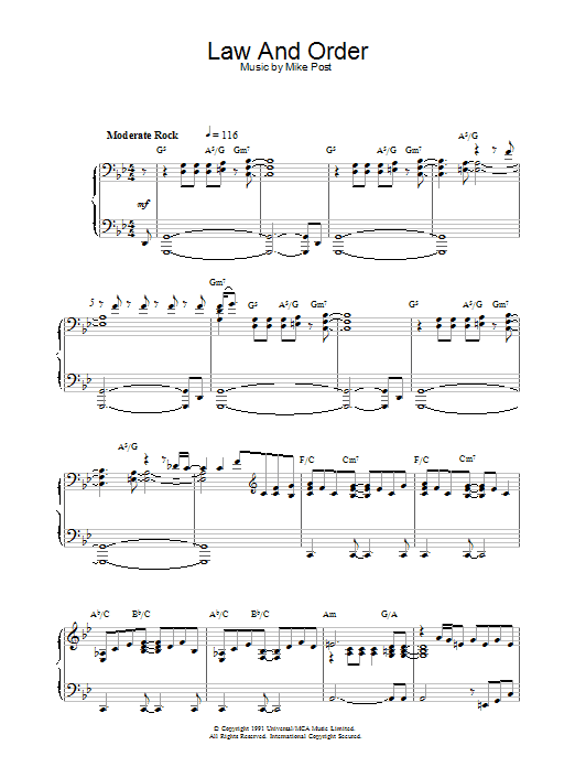 Learn to play Mike Post Theme from Law And Order sheet music for Piano Solo in minutes. Price: 7.8900$ Mike Post Theme from Law And Order sheet music notes and chords arranged for Piano Solo
