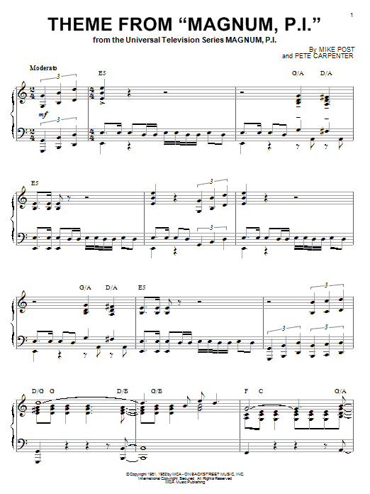 Learn to play Mike Post Theme from Magnum, P.I. sheet music for Piano Solo in minutes. Price: 7.8900$ Mike Post Theme from Magnum, P.I. sheet music notes and chords arranged for Piano Solo