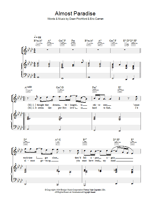 Learn to play Ann Wilson & Mike Reno Almost Paradise (from Footloose) sheet music for Piano, Vocal & Guitar Chords in minutes. Price: 7.8900$ Ann Wilson & Mike Reno Almost Paradise (from Footloose) sheet music notes and chords arranged for Piano, Vocal & Guitar Chords