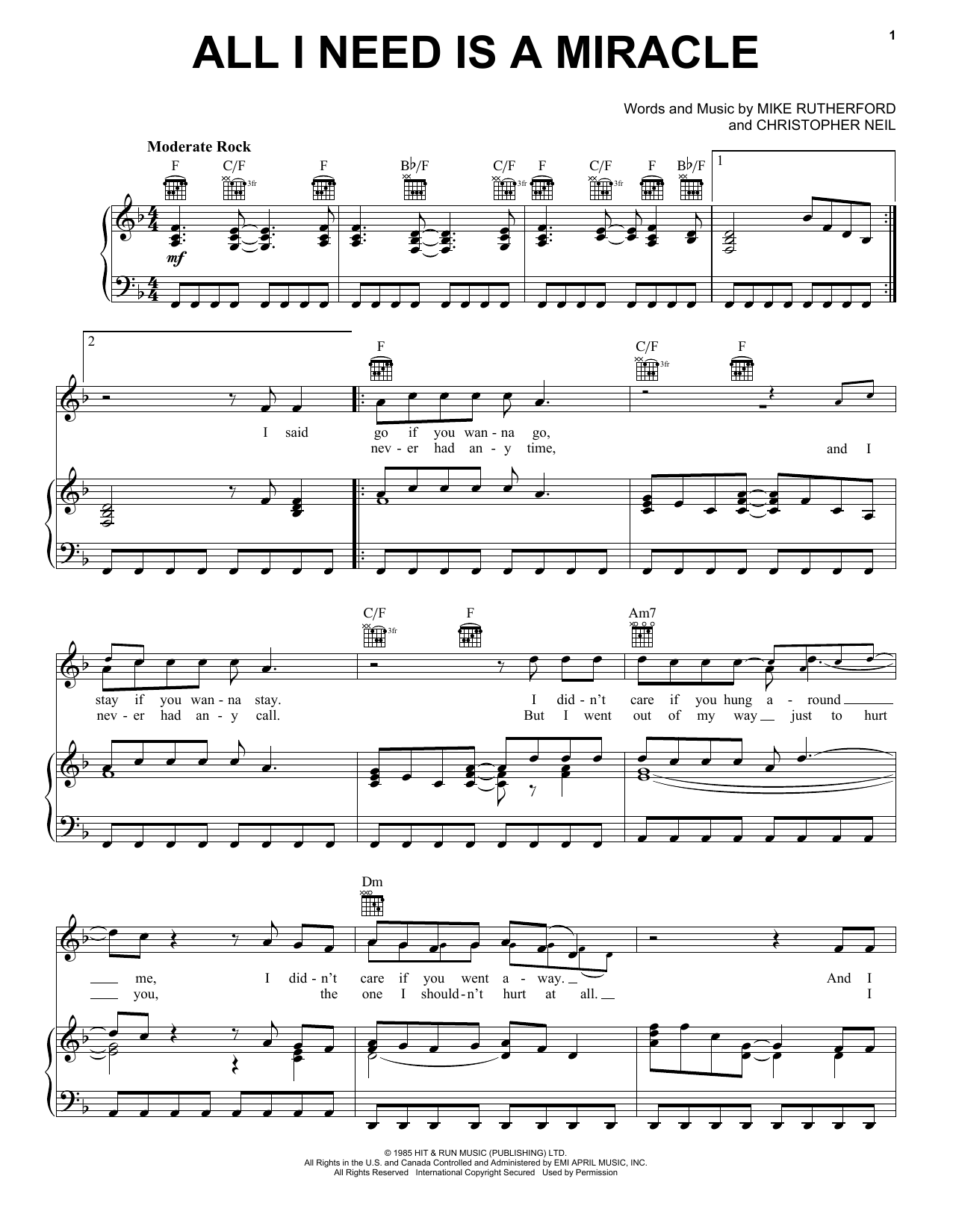 Mike & The Mechanics All I Need Is A Miracle sheet music notes and chords. Download Printable PDF.