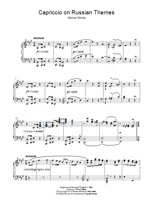 Mikhail Glinka Cappricio On Russian Themes In A major sheet music notes and chords arranged for Piano Solo