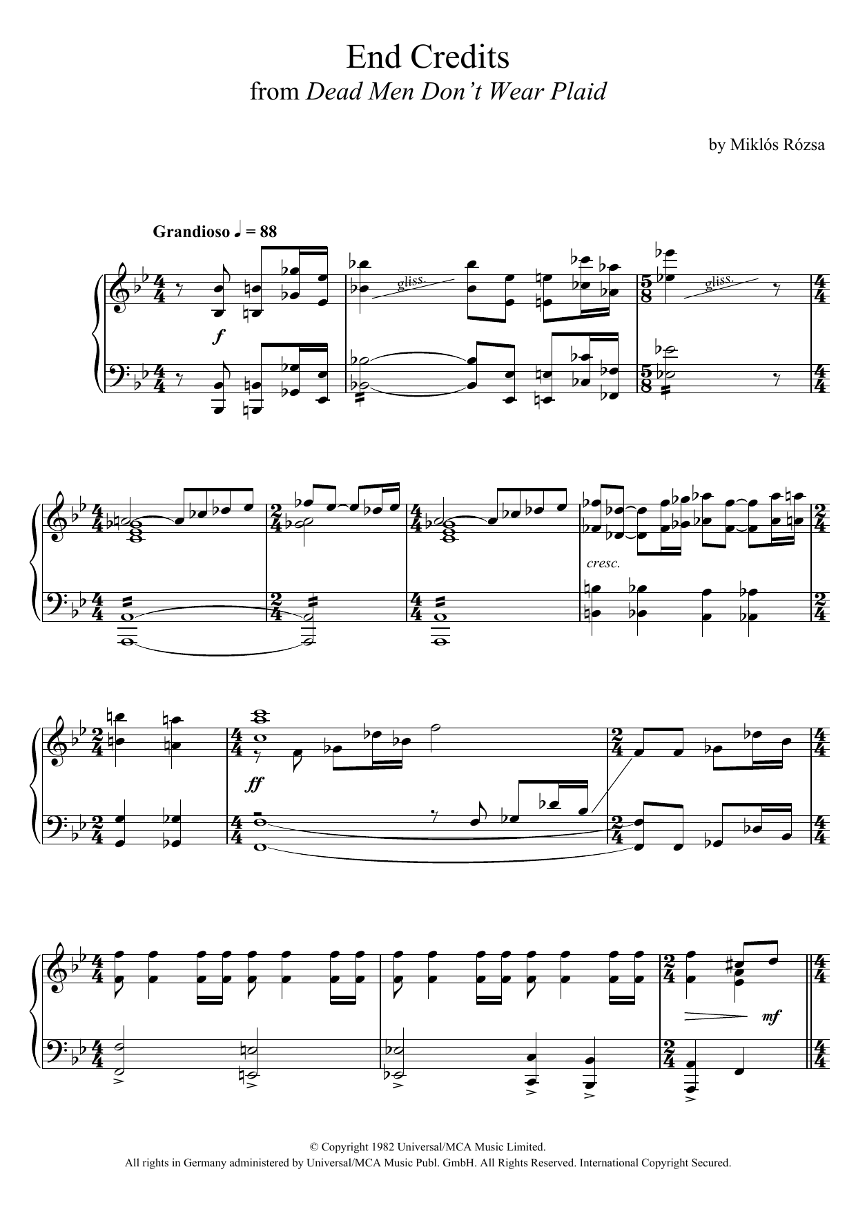 Learn to play Miklos Rozsa Dead Men Don't Wear Plaid (End Credits) sheet music for Piano Solo in minutes. Price: 7.8900$ Miklos Rozsa Dead Men Don't Wear Plaid (End Credits) sheet music notes and chords arranged for Piano Solo