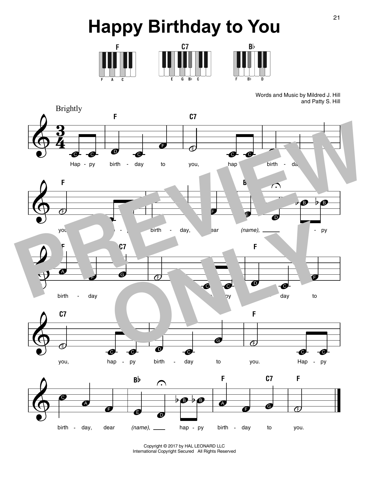 Mildred & Patty Hill Happy Birthday To You sheet music notes and chords. Download Printable PDF.