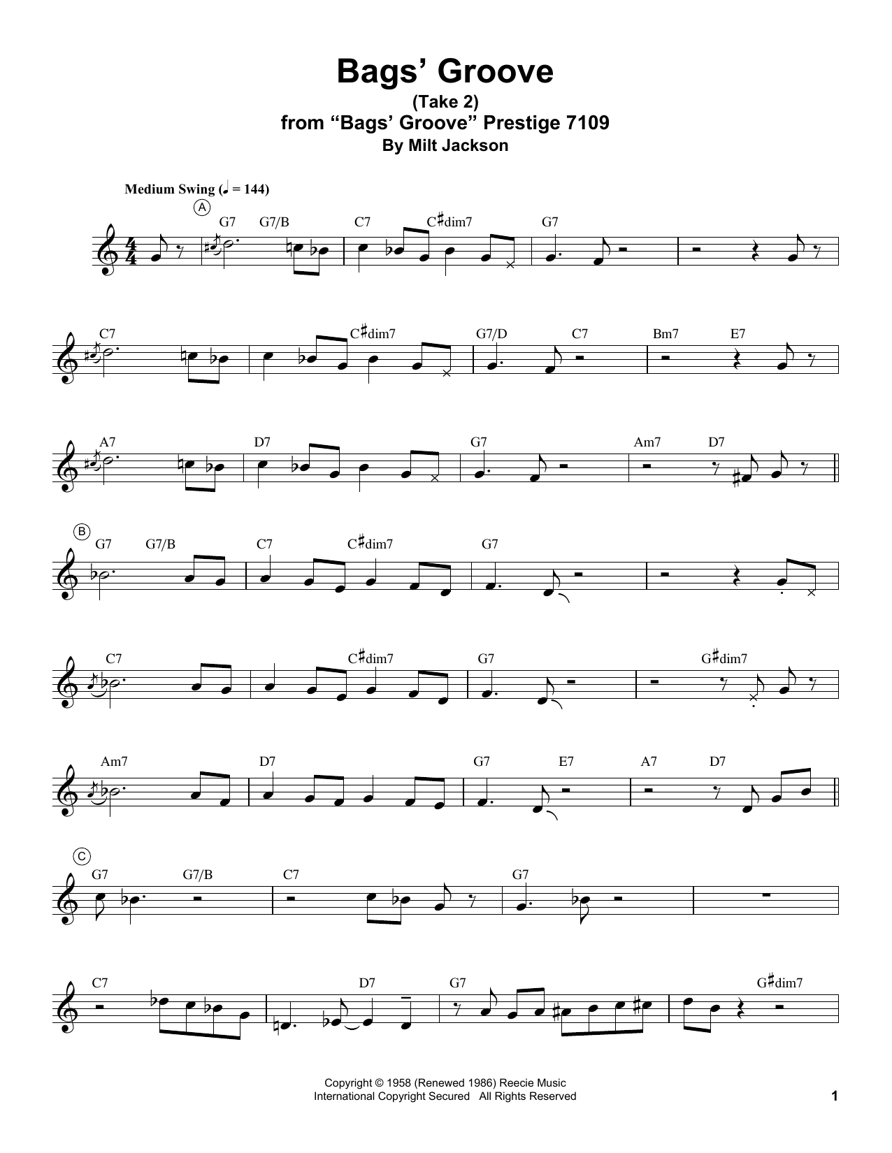 Miles Davis Bags' Groove (Take 2) sheet music notes and chords. Download Printable PDF.