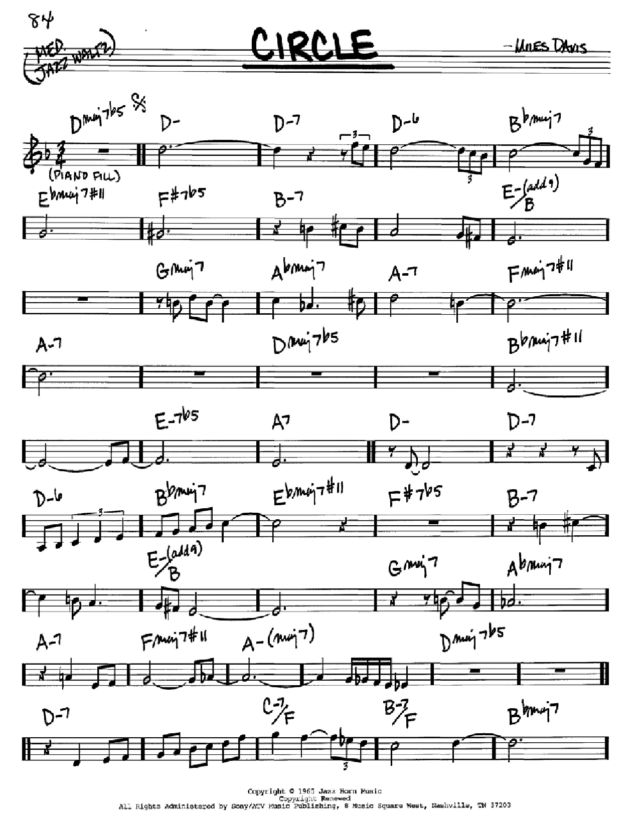 Learn to play Miles Davis Circle sheet music for Real Book – Melody & Chords – Bass Clef Instruments in minutes. Price: 5.9900$ Miles Davis Circle sheet music notes and chords arranged for Real Book – Melody & Chords – Bass Clef Instruments