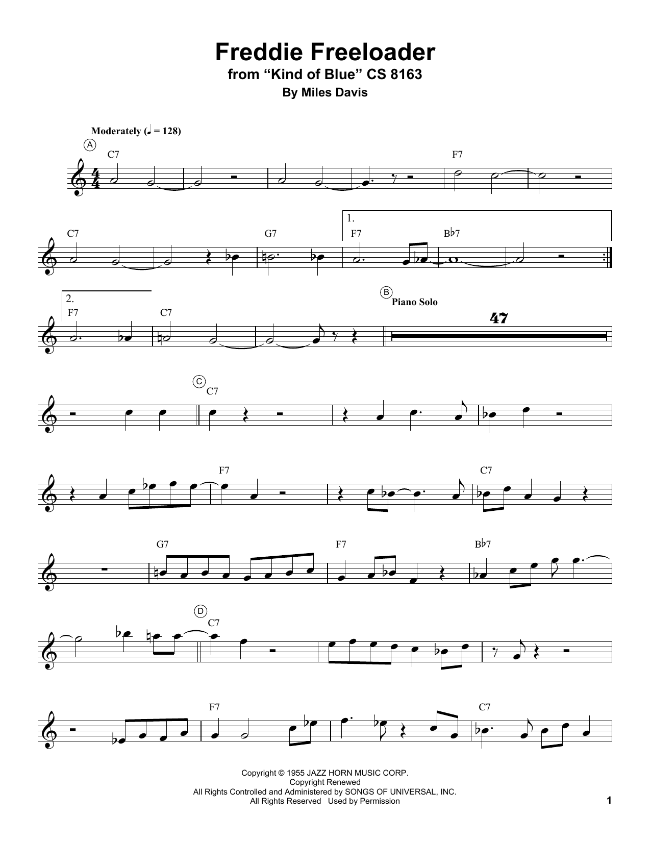 Miles Davis Freddie Freeloader sheet music notes and chords. Download Printable PDF.