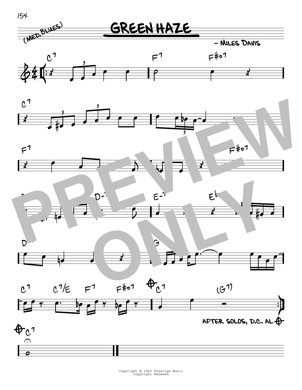 Miles Davis Green Haze sheet music notes and chords arranged for Trumpet Transcription